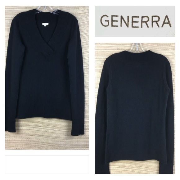 GENERRA 100% Cashmere V-neck Rolled Hem Black Sweater Pullover Jumper Size L - Picture 2 of 9